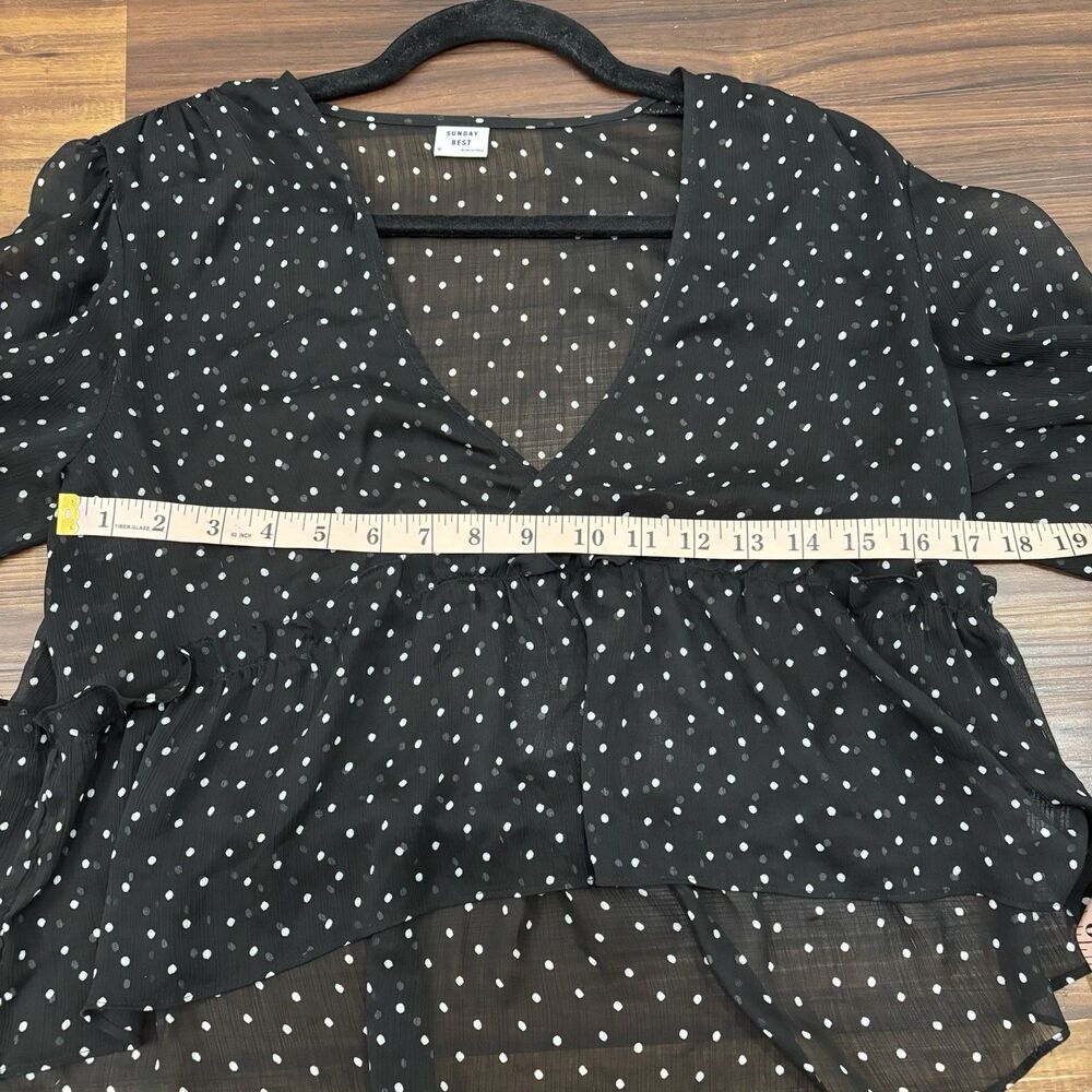 Aritzia Sunday Best Sz Medium Black White Polka Dot Sheer Faux Wrap Blouse - Picture 6 of 8